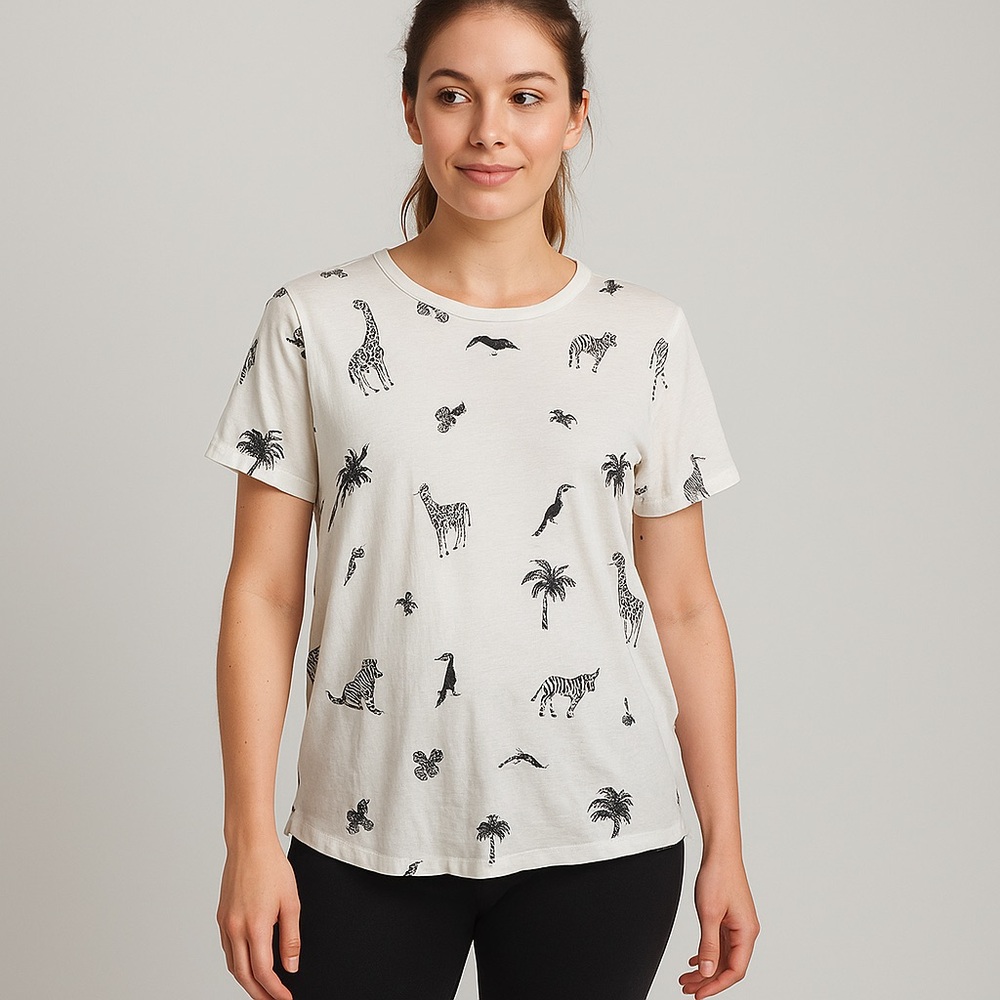 LOFT Cream Graphic Tee with Animal Prints